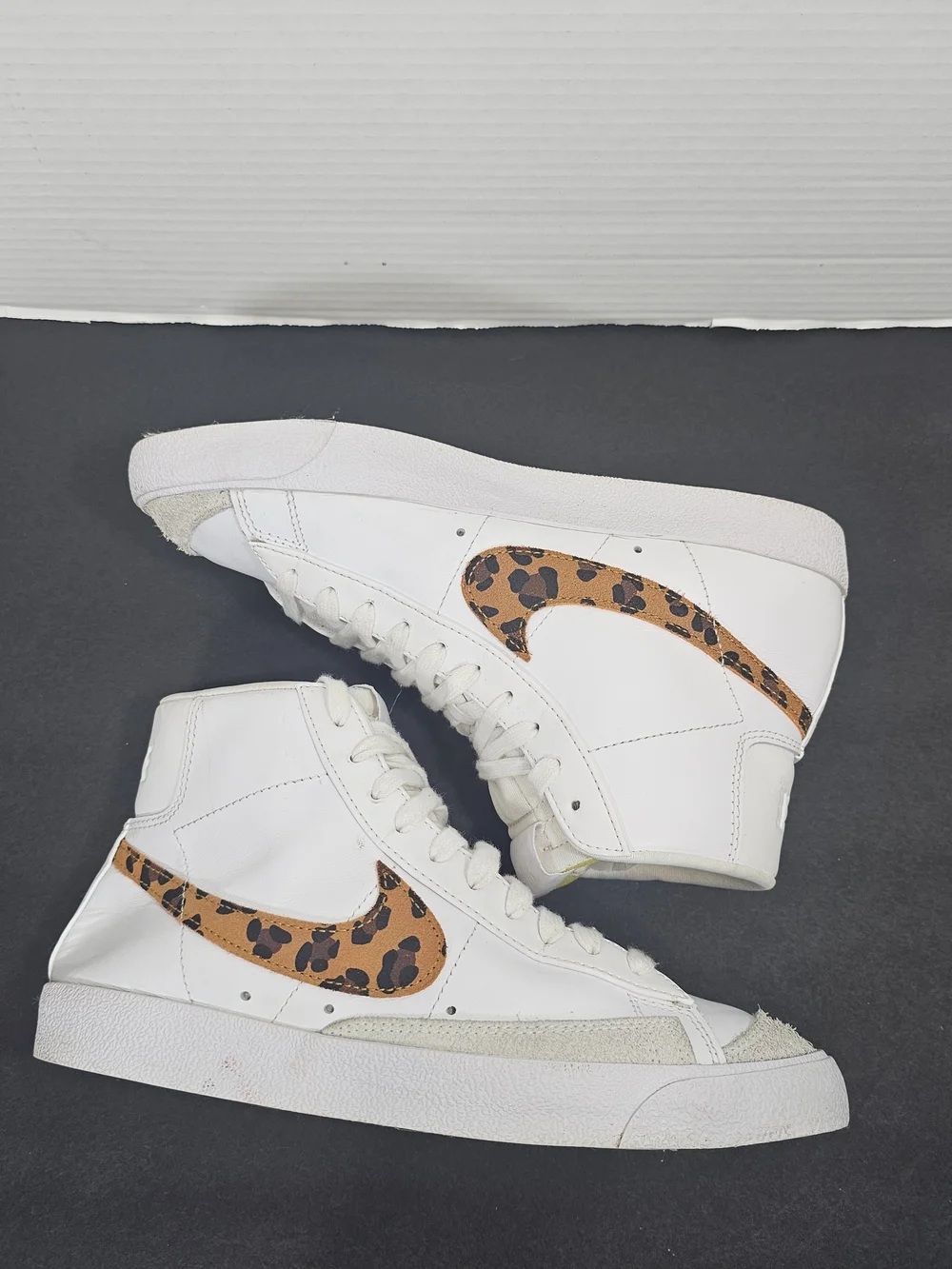 Nike White High-Top Sneaker with Leopard-Print Swoosh Womens Sz 9 White